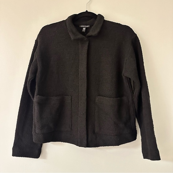 EILEEN FISHER Organic-Cotton Bouclé Stand-Collar Tweed Blazer Jacket Black XXS - Picture 2 of 12